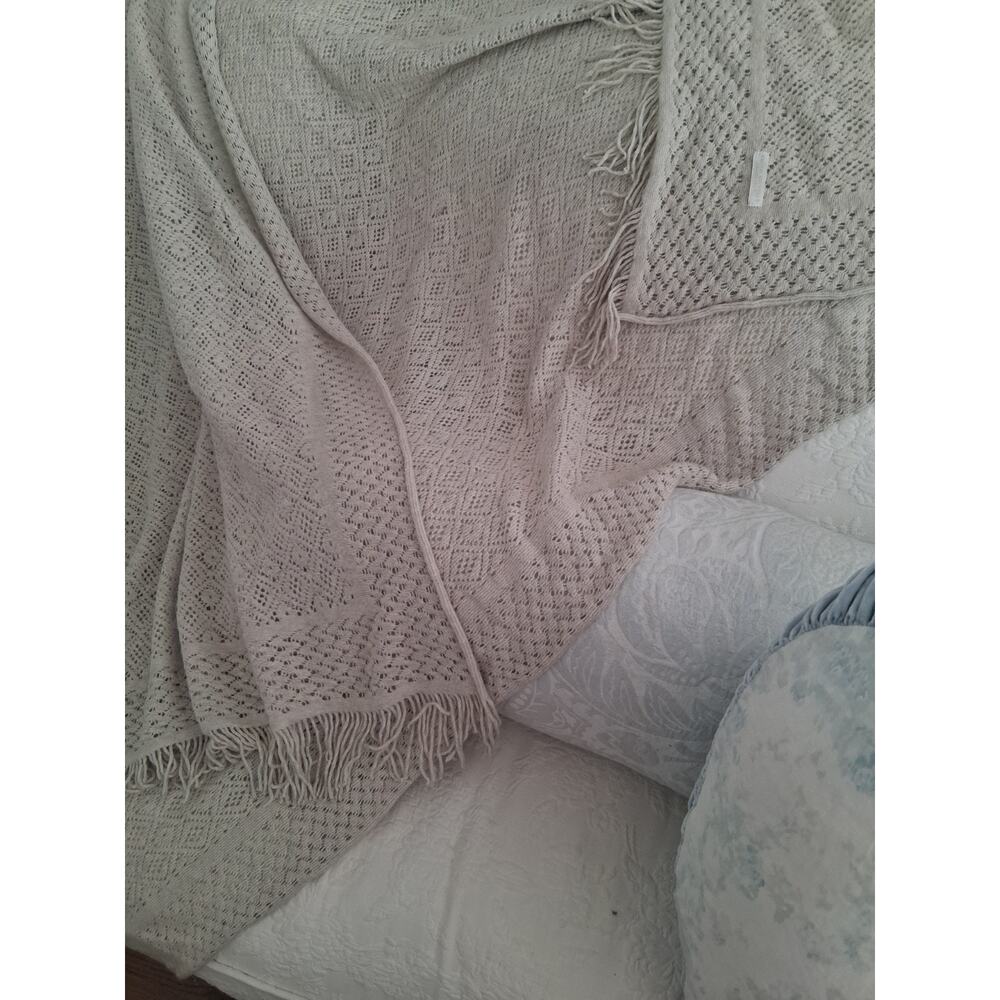 RACHEL ASHWELL Shabby Chic Couture Wool Crochet Throw Fringe Blanket Grey New